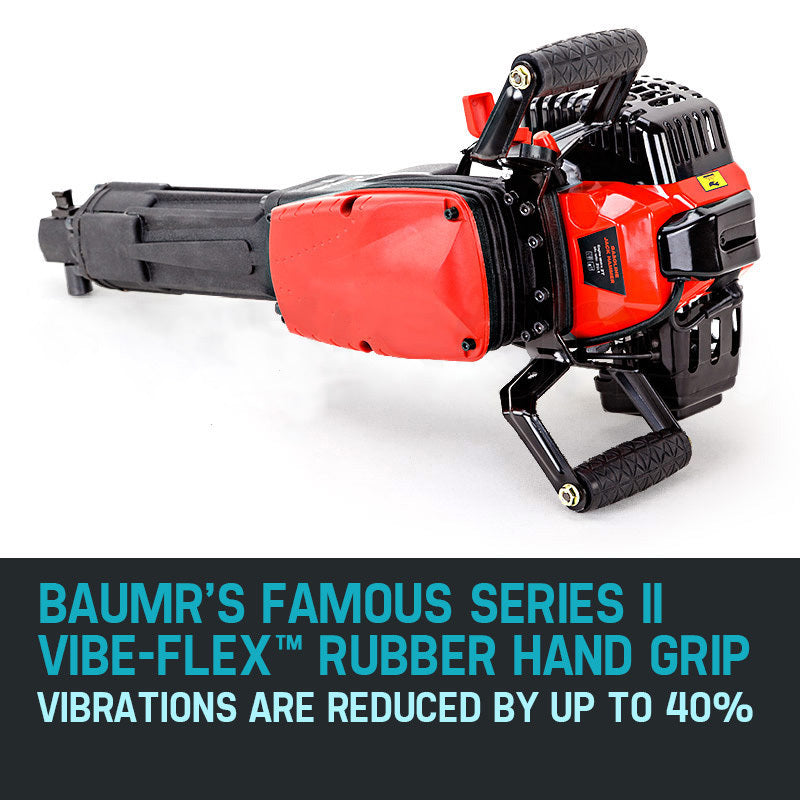 Image of a Tradie's Mate Baumr-AG JackHammer Demolition 3.5HP Petrol Jack Hammer Concrete Rock Drill with a black and red handle. The commercial-grade jackhammer features a pointed chisel head and visible engine components, including a red cooling fin, black protective cage, and yellow warning labels.