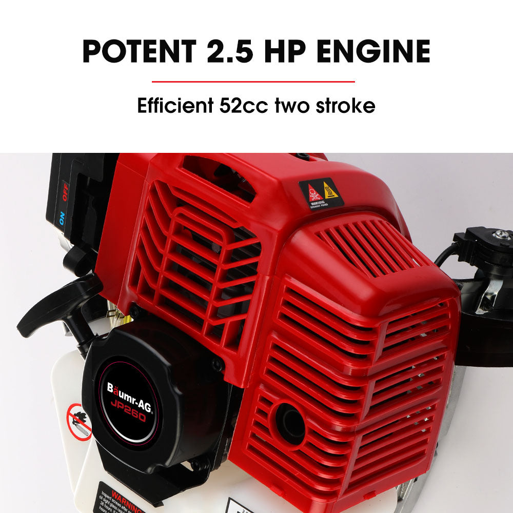 The BAUMR-AG 2 Stroke 52cc Petrol Jackhammer, with 2 Chisels, Carry Bag is a gas-powered demolition tool featuring a red and black motor with a white fuel tank, a long silver metal shaft, and a pointed chisel bit attached. A flat chisel bit is placed beside it on a white background.