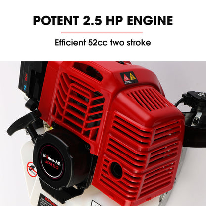 The BAUMR-AG 2 Stroke 52cc Petrol Jackhammer, with 2 Chisels, Carry Bag is a gas-powered demolition tool featuring a red and black motor with a white fuel tank, a long silver metal shaft, and a pointed chisel bit attached. A flat chisel bit is placed beside it on a white background.