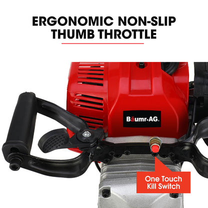 The BAUMR-AG 2 Stroke 52cc Petrol Jackhammer, with 2 Chisels, Carry Bag is a gas-powered demolition tool featuring a red and black motor with a white fuel tank, a long silver metal shaft, and a pointed chisel bit attached. A flat chisel bit is placed beside it on a white background.