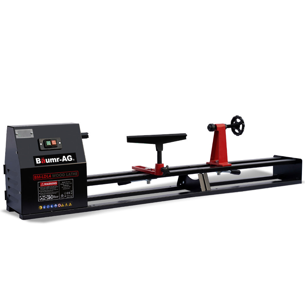 A black and red BAUMR-AG 1000 x 350mm Wood Lathe Turning Machine, 370W S1 Motor, 4 Speed stands ready for your next woodturning experience. It features a control box with power switches on the left, a flat tool rest in the center, and an adjustable tailstock with a handwheel on the right side.