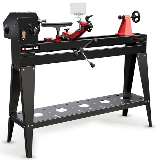 A black and red BAUMR-AG 1000 x 350mm Heavy Duty Wood Lathe Turning Machine, 550W S1 Motor, Variable Speed, with Stand. It features a 550W motor on the left, a tool rest with adjustment levers, and a rotating headstock. The stand has multiple circular holes for tool storage. This heavy-duty wood lathe is perfect for woodworking enthusiasts.