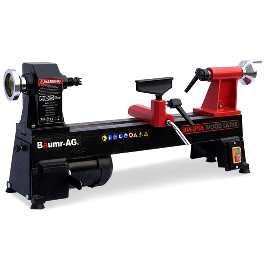 Image of a BAUMR-AG 450 x 254mm Heavy Duty Wood Lathe Turning Machine 400W S1 Motor, 5 Speed on a 450mm work bench. The heavy-duty machine has a black and red color scheme, with labeled controls and a warning label on the headstock. It features a tool rest, tailstock, and bed, designed for carving and shaping wood.