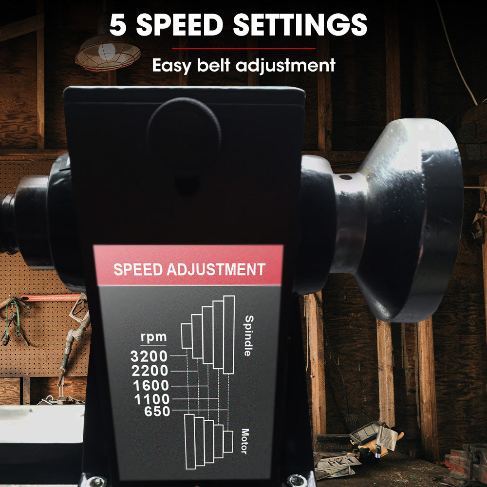 Image of a BAUMR-AG 450 x 254mm Heavy Duty Wood Lathe Turning Machine 400W S1 Motor, 5 Speed on a 450mm work bench. The heavy-duty machine has a black and red color scheme, with labeled controls and a warning label on the headstock. It features a tool rest, tailstock, and bed, designed for carving and shaping wood.