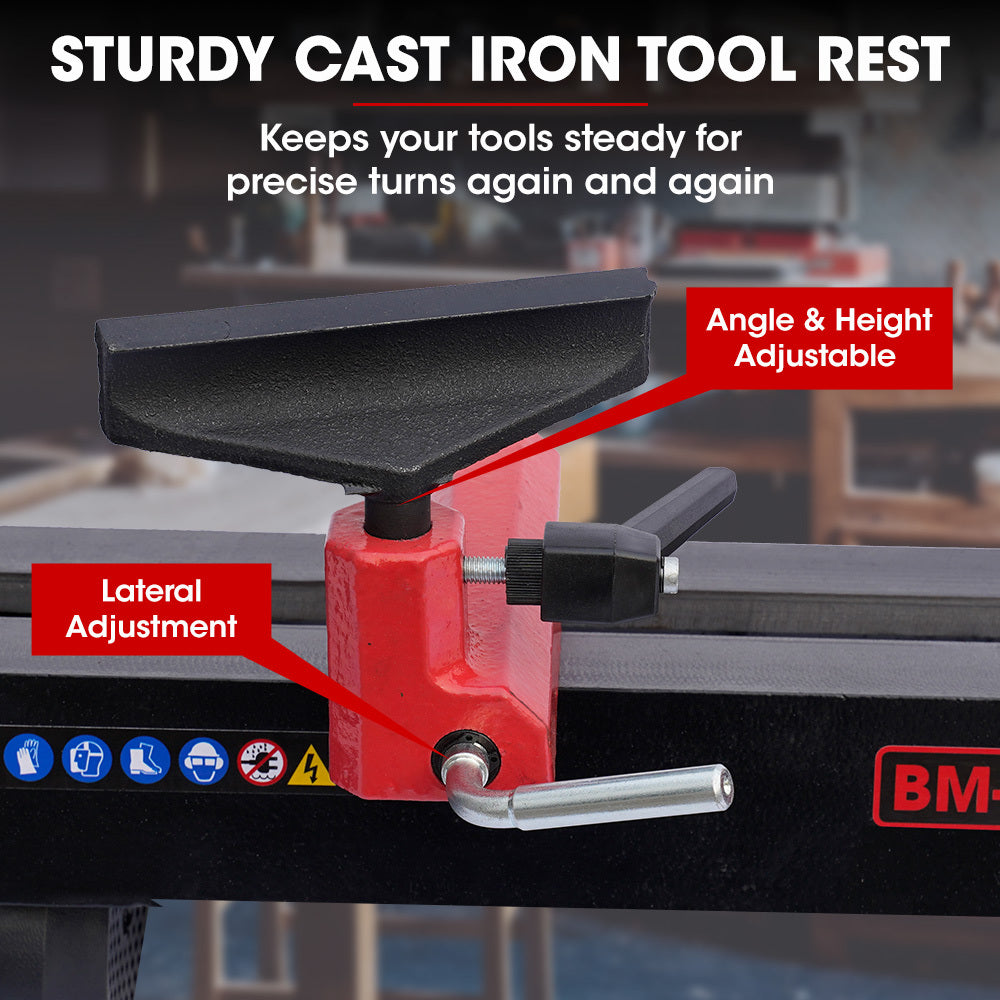 Image of a BAUMR-AG 450 x 254mm Heavy Duty Wood Lathe Turning Machine 400W S1 Motor, 5 Speed on a 450mm work bench. The heavy-duty machine has a black and red color scheme, with labeled controls and a warning label on the headstock. It features a tool rest, tailstock, and bed, designed for carving and shaping wood.