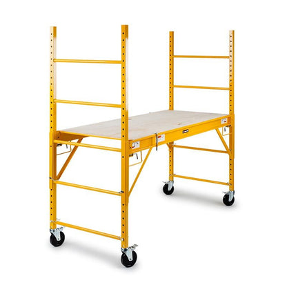 The Baumr-AG 450kg Mobile Scaffold High Work Platform Scaffolding Portable is a yellow portable scaffolding unit with four wheels, cross-bracing support, and adjustable work platforms. Designed with ladder sides for climbing, this heavy-duty scaffold is suitable for indoor or outdoor construction or maintenance work.