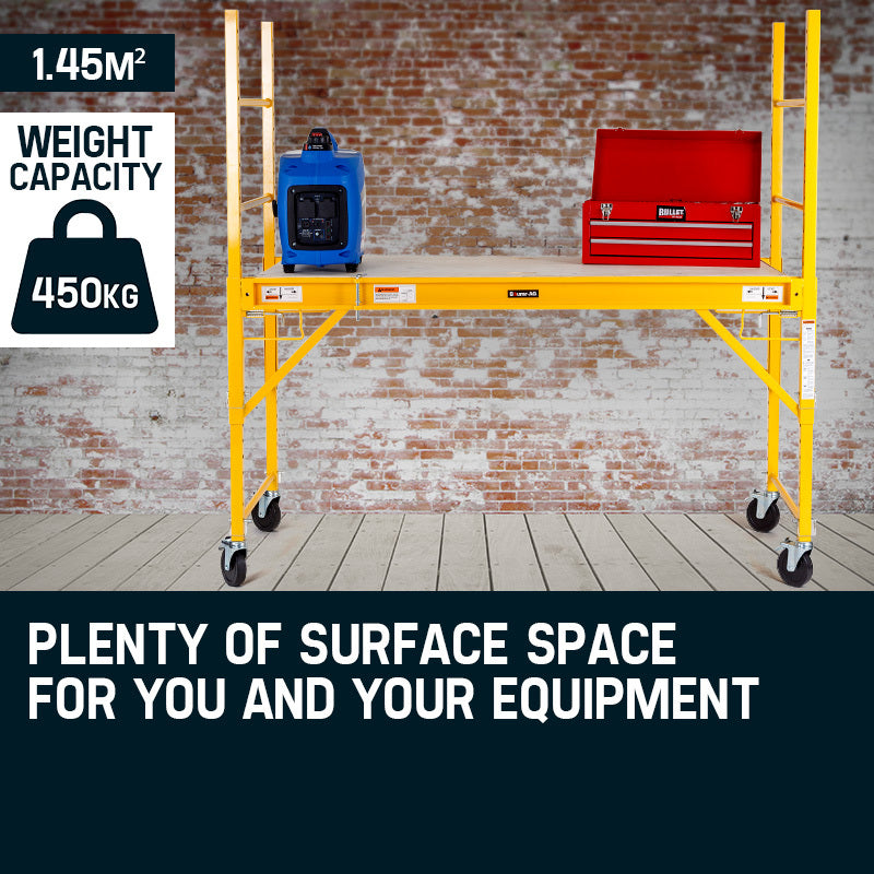 The Baumr-AG 450kg Mobile Scaffold High Work Platform Scaffolding Portable is a yellow portable scaffolding unit with four wheels, cross-bracing support, and adjustable work platforms. Designed with ladder sides for climbing, this heavy-duty scaffold is suitable for indoor or outdoor construction or maintenance work.