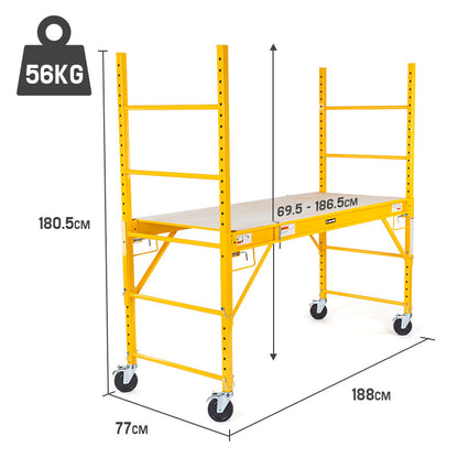 The Baumr-AG 450kg Mobile Scaffold High Work Platform Scaffolding Portable is a yellow portable scaffolding unit with four wheels, cross-bracing support, and adjustable work platforms. Designed with ladder sides for climbing, this heavy-duty scaffold is suitable for indoor or outdoor construction or maintenance work.