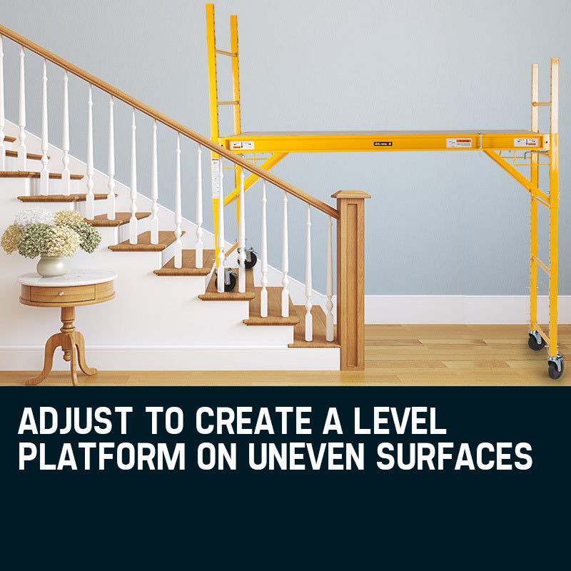 The Baumr-AG 450kg Mobile Scaffold High Work Platform Scaffolding Portable is a yellow portable scaffolding unit with four wheels, cross-bracing support, and adjustable work platforms. Designed with ladder sides for climbing, this heavy-duty scaffold is suitable for indoor or outdoor construction or maintenance work.