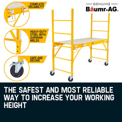 The Baumr-AG 450kg Mobile Scaffold High Work Platform Scaffolding Portable is a yellow portable scaffolding unit with four wheels, cross-bracing support, and adjustable work platforms. Designed with ladder sides for climbing, this heavy-duty scaffold is suitable for indoor or outdoor construction or maintenance work.