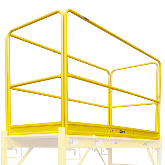 A yellow, rectangular Tradie's Mate Baumr-AG Safety Guard Rail for Adjustable Mobile Scaffold enclosure designed for an elevated platform or mobile scaffolds. Made from powder-coated steel, the railing features multiple horizontal bars and a gate for access, ensuring fall protection and security. The platform and lower structure are partially visible.