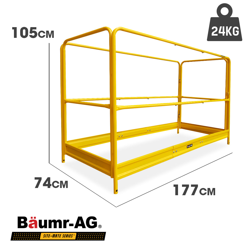 A yellow, rectangular Tradie's Mate Baumr-AG Safety Guard Rail for Adjustable Mobile Scaffold enclosure designed for an elevated platform or mobile scaffolds. Made from powder-coated steel, the railing features multiple horizontal bars and a gate for access, ensuring fall protection and security. The platform and lower structure are partially visible.