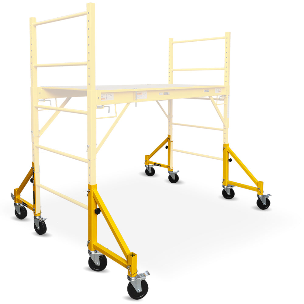 The Baumr-AG Scaffold is a yellow mobile scaffolding unit with four wheels and safety locking mechanisms. The platform is elevated and supported by sturdy metal frames and adjustable braces, making it suitable for construction or maintenance work at height, especially when paired with the Baumr-AG Outrigger Wheel Set for Adjustable Mobile Scaffolding, 4pc.