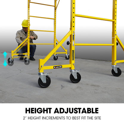 The Baumr-AG Scaffold is a yellow mobile scaffolding unit with four wheels and safety locking mechanisms. The platform is elevated and supported by sturdy metal frames and adjustable braces, making it suitable for construction or maintenance work at height, especially when paired with the Baumr-AG Outrigger Wheel Set for Adjustable Mobile Scaffolding, 4pc.