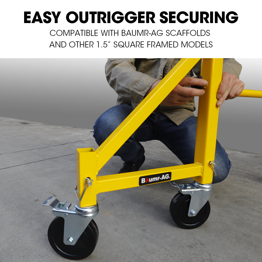 The Baumr-AG Scaffold is a yellow mobile scaffolding unit with four wheels and safety locking mechanisms. The platform is elevated and supported by sturdy metal frames and adjustable braces, making it suitable for construction or maintenance work at height, especially when paired with the Baumr-AG Outrigger Wheel Set for Adjustable Mobile Scaffolding, 4pc.