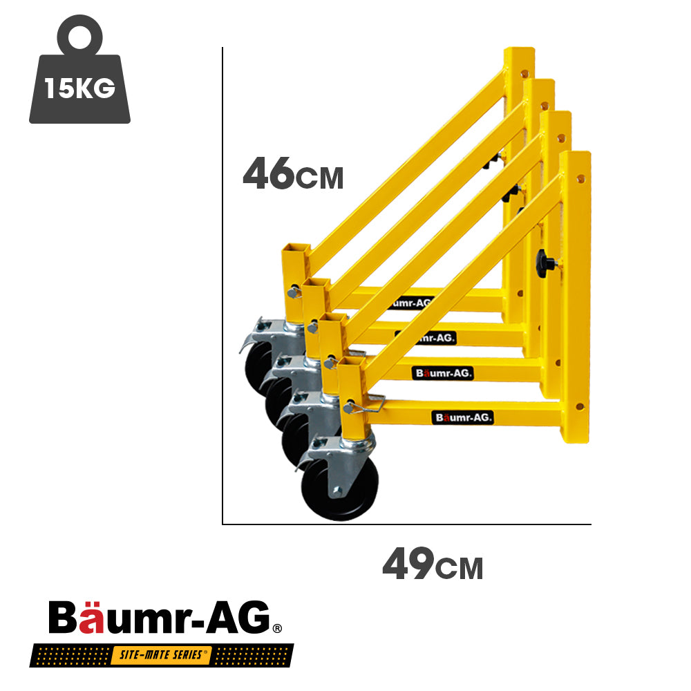 The Baumr-AG Scaffold is a yellow mobile scaffolding unit with four wheels and safety locking mechanisms. The platform is elevated and supported by sturdy metal frames and adjustable braces, making it suitable for construction or maintenance work at height, especially when paired with the Baumr-AG Outrigger Wheel Set for Adjustable Mobile Scaffolding, 4pc.