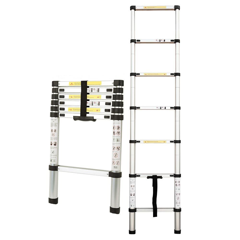 An extendable telescopic ladder crafted from lightweight aluminium is shown in its compact, folded state (left) and fully extended state (right). The Bullet 2m Telescopic Aluminium Ladder Alloy Extension Extendable Steps, silver with black joints, has safety instructions labeled on its sides and features a strap for securing when folded. It boasts a safety certification for added reliability.