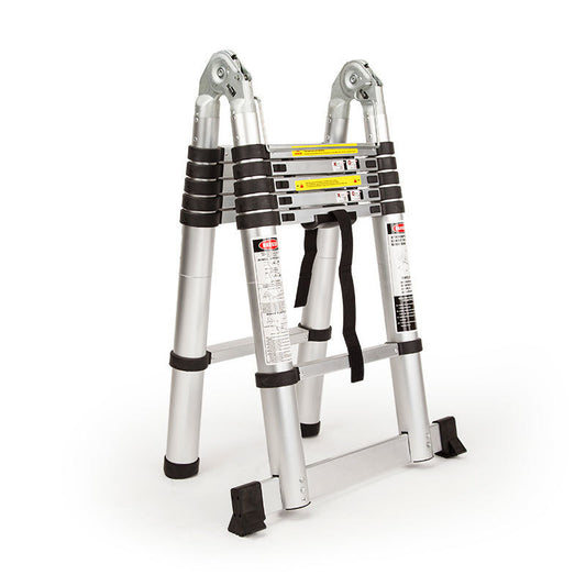 A Bullet 3.8m Multipurpose Telescopic Folding Ladder Aluminium Alloy Extension is shown in a compact, folded position. The ladder features an aluminum design with multiple rungs, black grips, and safety labels on the sides. It has rubberized feet for stability and boasts a rigorous safety certification.