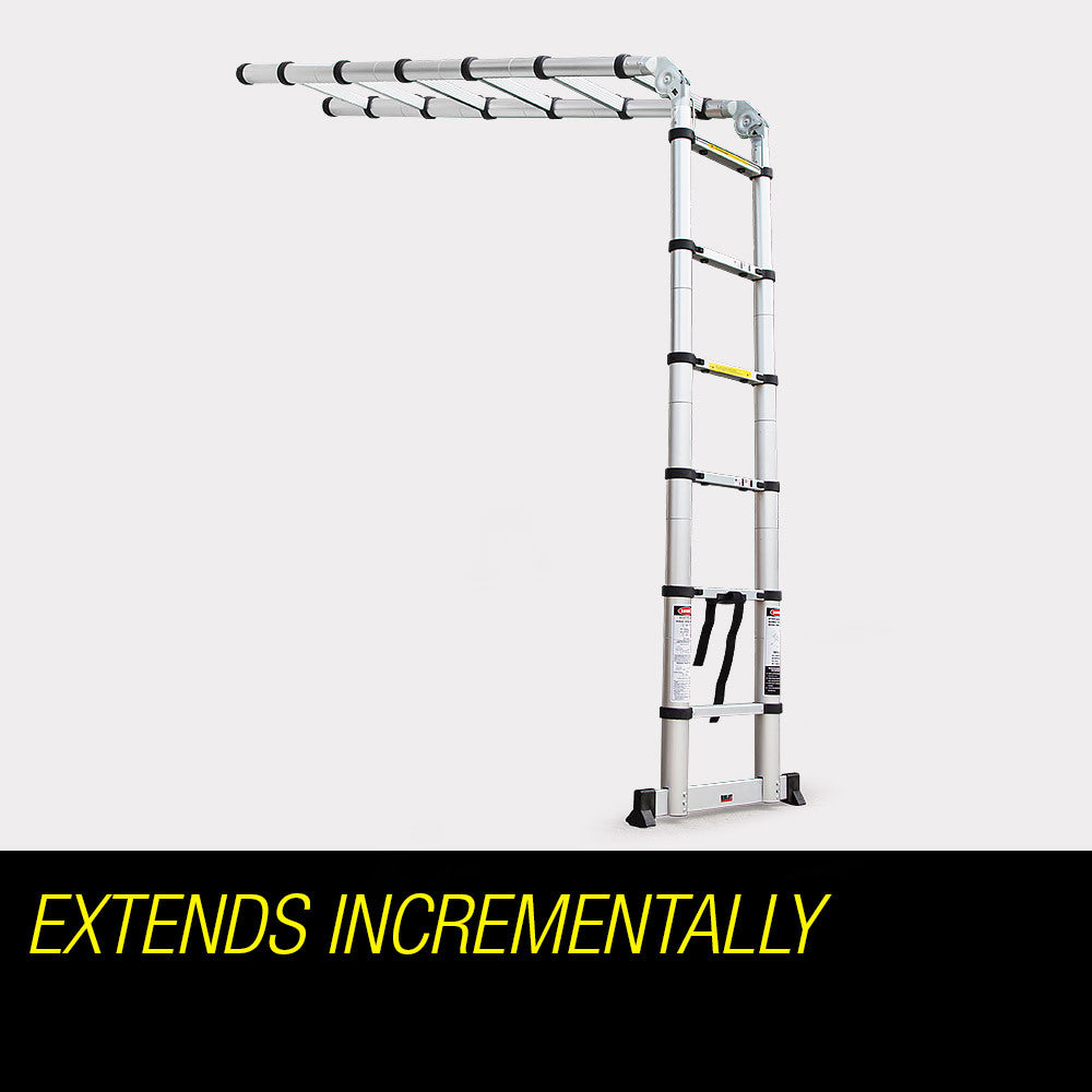 A Bullet 3.8m Multipurpose Telescopic Folding Ladder Aluminium Alloy Extension is shown in a compact, folded position. The ladder features an aluminum design with multiple rungs, black grips, and safety labels on the sides. It has rubberized feet for stability and boasts a rigorous safety certification.