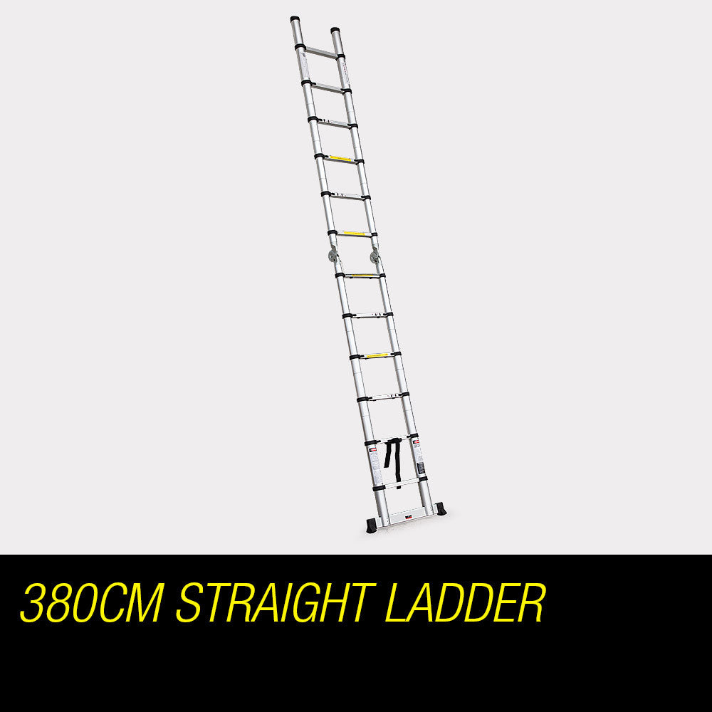 A Bullet 3.8m Multipurpose Telescopic Folding Ladder Aluminium Alloy Extension is shown in a compact, folded position. The ladder features an aluminum design with multiple rungs, black grips, and safety labels on the sides. It has rubberized feet for stability and boasts a rigorous safety certification.