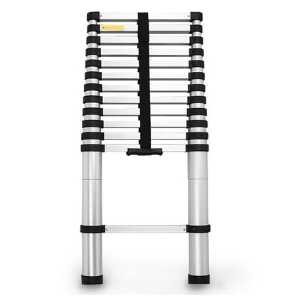 A silver telescopic ladder, known as the Bullet 3.8m Telescopic Aluminium Ladder Alloy Extension Extendable Steps Multi Portable, with a black strap securing the rungs in its compact, collapsed state. This aluminium design features black end caps on the steps and rubberized feet for stability.