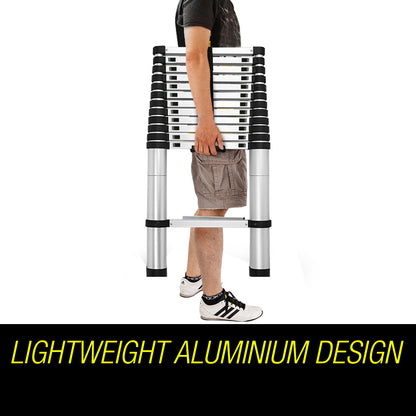 A silver telescopic ladder, known as the Bullet 3.8m Telescopic Aluminium Ladder Alloy Extension Extendable Steps Multi Portable, with a black strap securing the rungs in its compact, collapsed state. This aluminium design features black end caps on the steps and rubberized feet for stability.