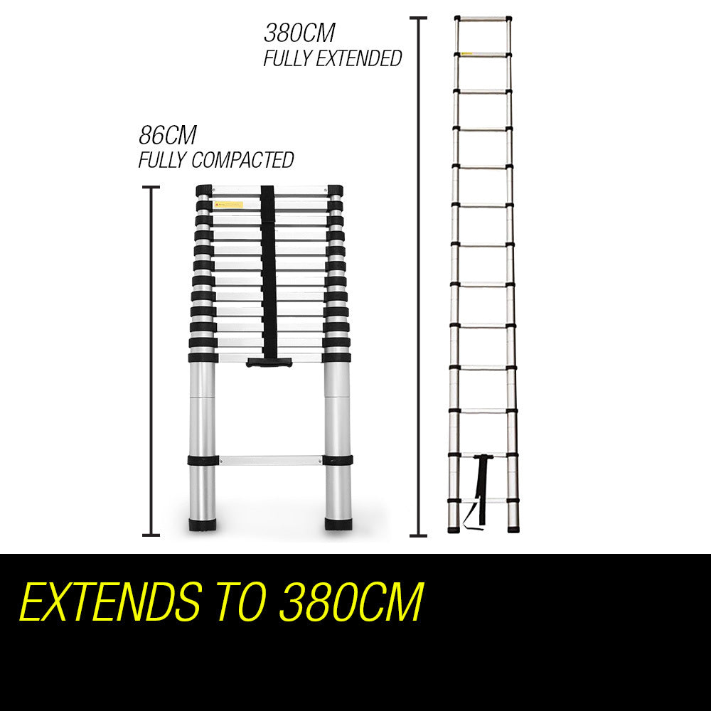 A silver telescopic ladder, known as the Bullet 3.8m Telescopic Aluminium Ladder Alloy Extension Extendable Steps Multi Portable, with a black strap securing the rungs in its compact, collapsed state. This aluminium design features black end caps on the steps and rubberized feet for stability.