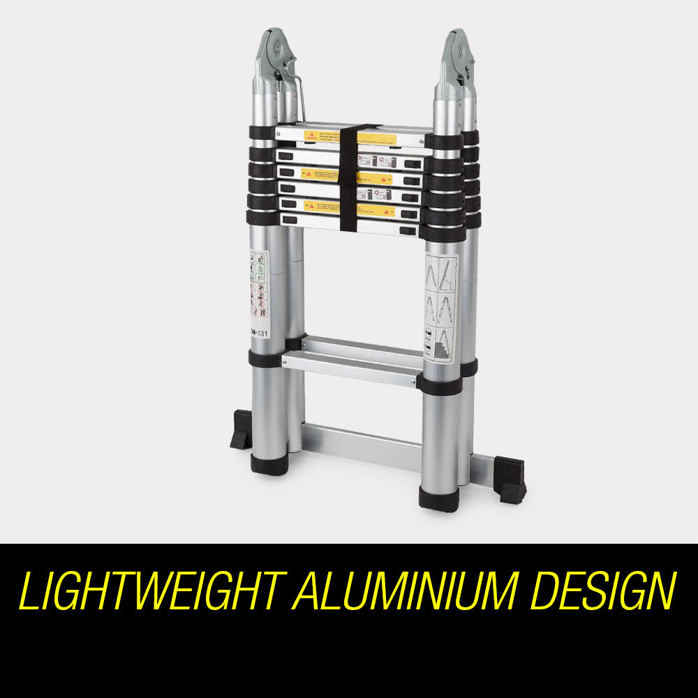 The Bullet 4.4m Multipurpose Aluminium Telescopic Folding Ladder Alloy Extension Steps with black handles and rubberized feet. Made from lightweight aluminum, the ladder has several sections that can extend or collapse, featuring multiple safety locks and labels. A black strap is attached to hold the ladder in its folded position for easy storage and transport.