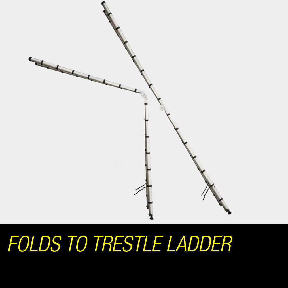 The Bullet 4.4m Multipurpose Aluminium Telescopic Folding Ladder Alloy Extension Steps with black handles and rubberized feet. Made from lightweight aluminum, the ladder has several sections that can extend or collapse, featuring multiple safety locks and labels. A black strap is attached to hold the ladder in its folded position for easy storage and transport.