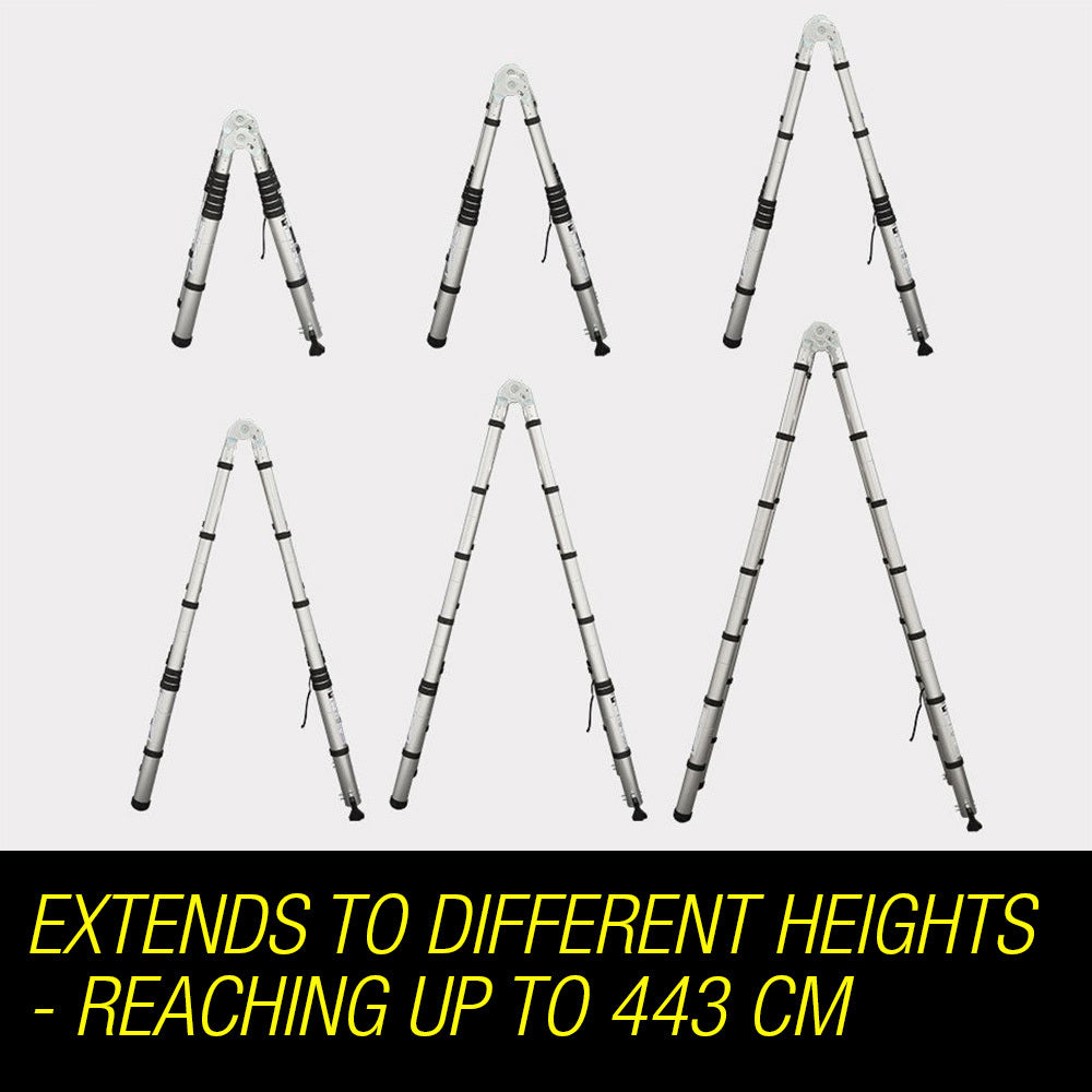 The Bullet 4.4m Multipurpose Aluminium Telescopic Folding Ladder Alloy Extension Steps with black handles and rubberized feet. Made from lightweight aluminum, the ladder has several sections that can extend or collapse, featuring multiple safety locks and labels. A black strap is attached to hold the ladder in its folded position for easy storage and transport.