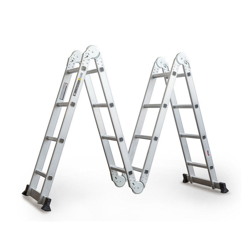 The BULLET Pro 4.7m Multi-Purpose Ladder Aluminium Extension Folding Adjustable Step configured in an "M" shape with hinge mechanisms allowing it to bend at several points. The durable, lightweight construction features four sections, rubberized feet for stability, and slip-resistant rungs for climbing. It is designed for versatile use in various positions.