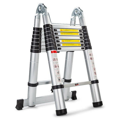 A Bullet 5m Telescopic Aluminium Multipurpose Ladder Extension Alloy Step with multiple black rungs and safety warning labels. It features rubberized foot grips for stability and is designed for compact storage. The 5m ladder is partially extended and stands upright, ready for use.