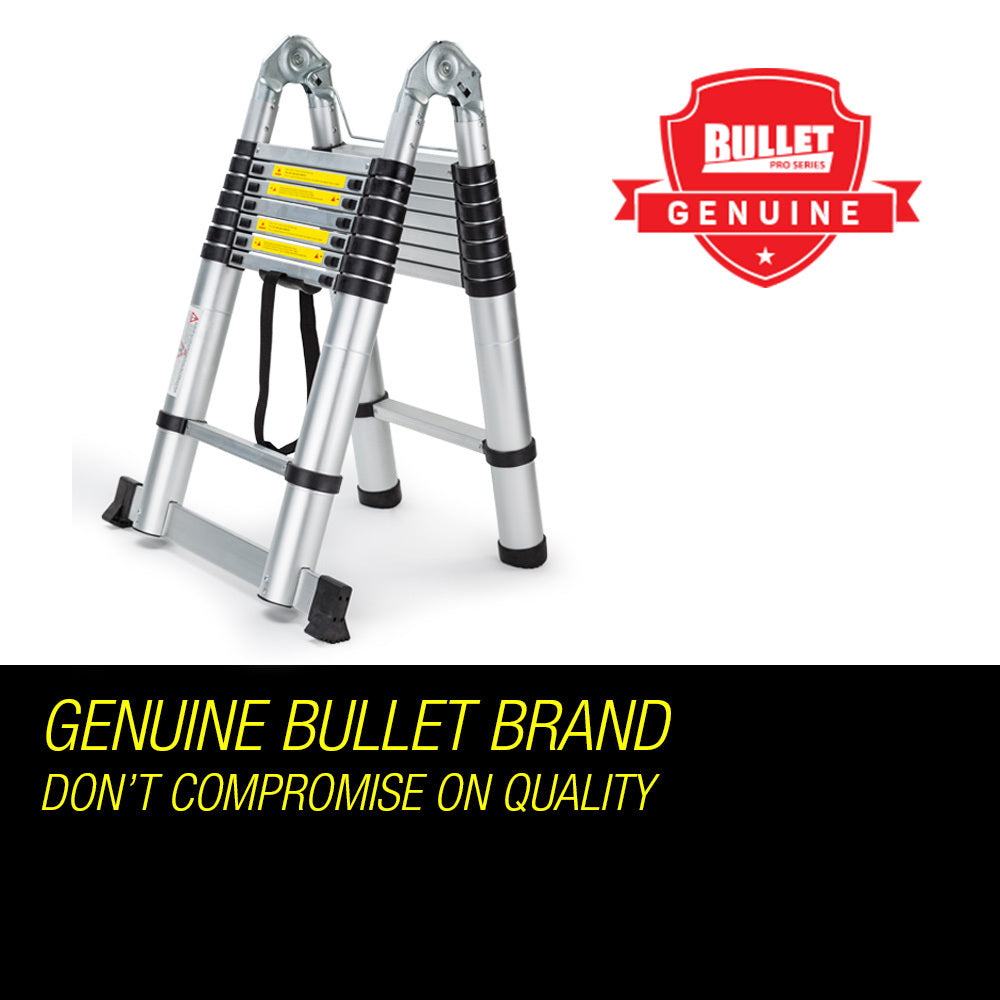 A Bullet 5m Telescopic Aluminium Multipurpose Ladder Extension Alloy Step with multiple black rungs and safety warning labels. It features rubberized foot grips for stability and is designed for compact storage. The 5m ladder is partially extended and stands upright, ready for use.