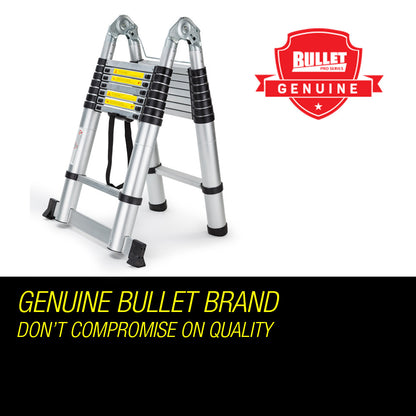 A Bullet 5m Telescopic Aluminium Multipurpose Ladder Extension Alloy Step with multiple black rungs and safety warning labels. It features rubberized foot grips for stability and is designed for compact storage. The 5m ladder is partially extended and stands upright, ready for use.