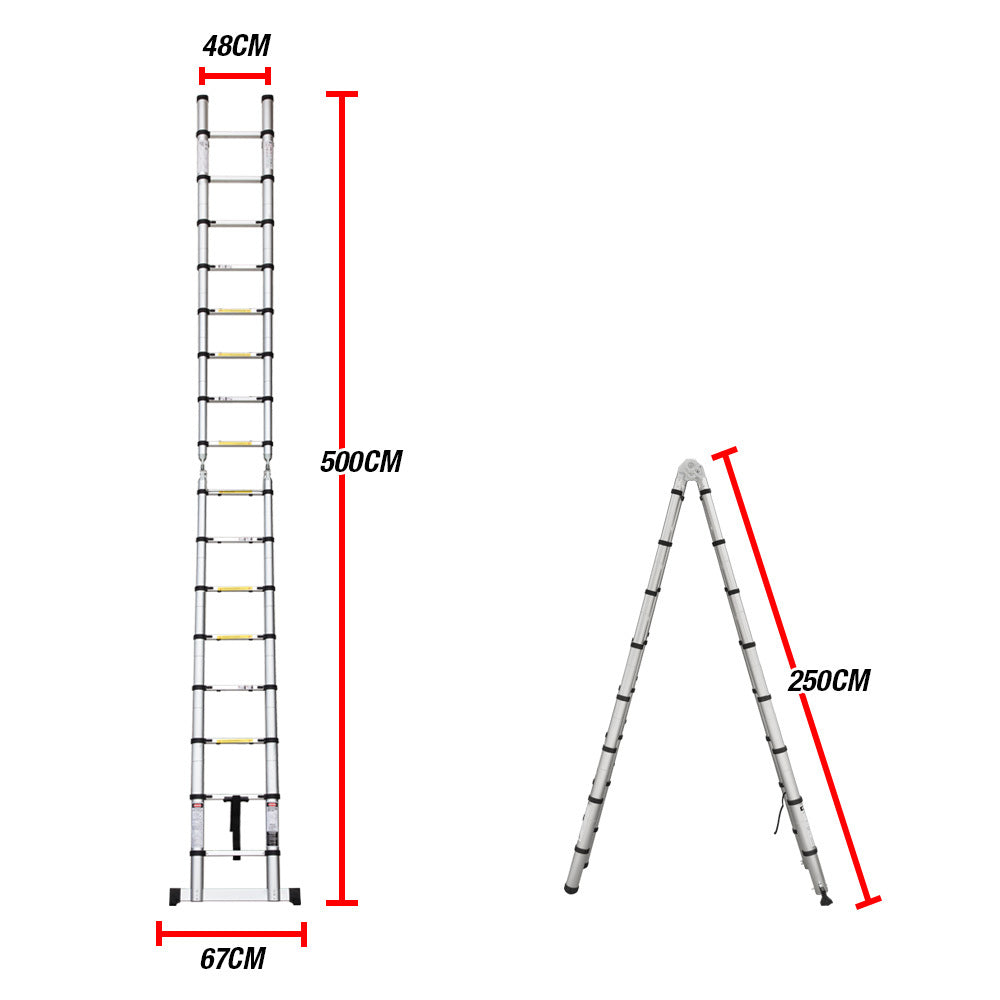 A Bullet 5m Telescopic Aluminium Multipurpose Ladder Extension Alloy Step with multiple black rungs and safety warning labels. It features rubberized foot grips for stability and is designed for compact storage. The 5m ladder is partially extended and stands upright, ready for use.