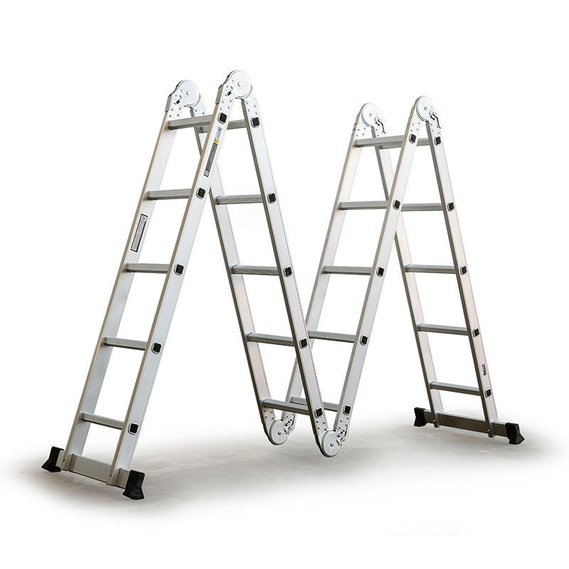 The Bullet 5.8m Multipurpose Ladder Aluminium Extension Folding Adjustable Step is set up in an M-shaped configuration on a white background. This step ladder has several joints allowing it to flexibly adapt to different shapes and tasks. Each end of the aluminum ladder has non-slip black rubber feet for added stability.