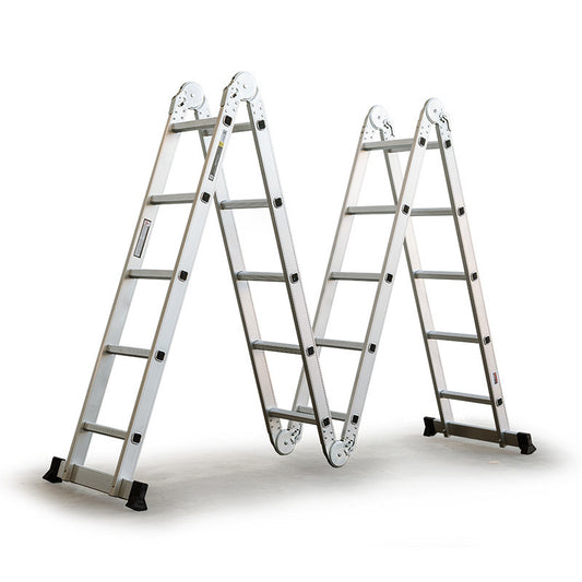 The Bullet 5.8m Multipurpose Ladder Aluminium Extension Folding Adjustable Step is set up in an M-shaped configuration on a white background. This step ladder has several joints allowing it to flexibly adapt to different shapes and tasks. Each end of the aluminum ladder has non-slip black rubber feet for added stability.