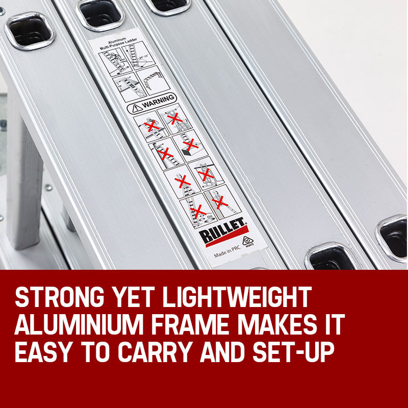 The Bullet 5.8m Multipurpose Ladder Aluminium Extension Folding Adjustable Step is set up in an M-shaped configuration on a white background. This step ladder has several joints allowing it to flexibly adapt to different shapes and tasks. Each end of the aluminum ladder has non-slip black rubber feet for added stability.