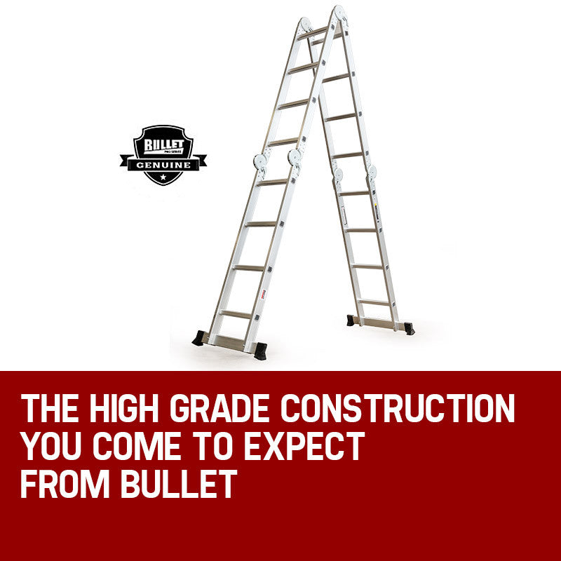 The Bullet 5.8m Multipurpose Ladder Aluminium Extension Folding Adjustable Step is set up in an M-shaped configuration on a white background. This step ladder has several joints allowing it to flexibly adapt to different shapes and tasks. Each end of the aluminum ladder has non-slip black rubber feet for added stability.