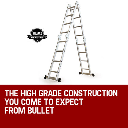 The Bullet 5.8m Multipurpose Ladder Aluminium Extension Folding Adjustable Step is set up in an M-shaped configuration on a white background. This step ladder has several joints allowing it to flexibly adapt to different shapes and tasks. Each end of the aluminum ladder has non-slip black rubber feet for added stability.