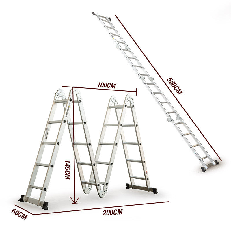 The Bullet 5.8m Multipurpose Ladder Aluminium Extension Folding Adjustable Step is set up in an M-shaped configuration on a white background. This step ladder has several joints allowing it to flexibly adapt to different shapes and tasks. Each end of the aluminum ladder has non-slip black rubber feet for added stability.