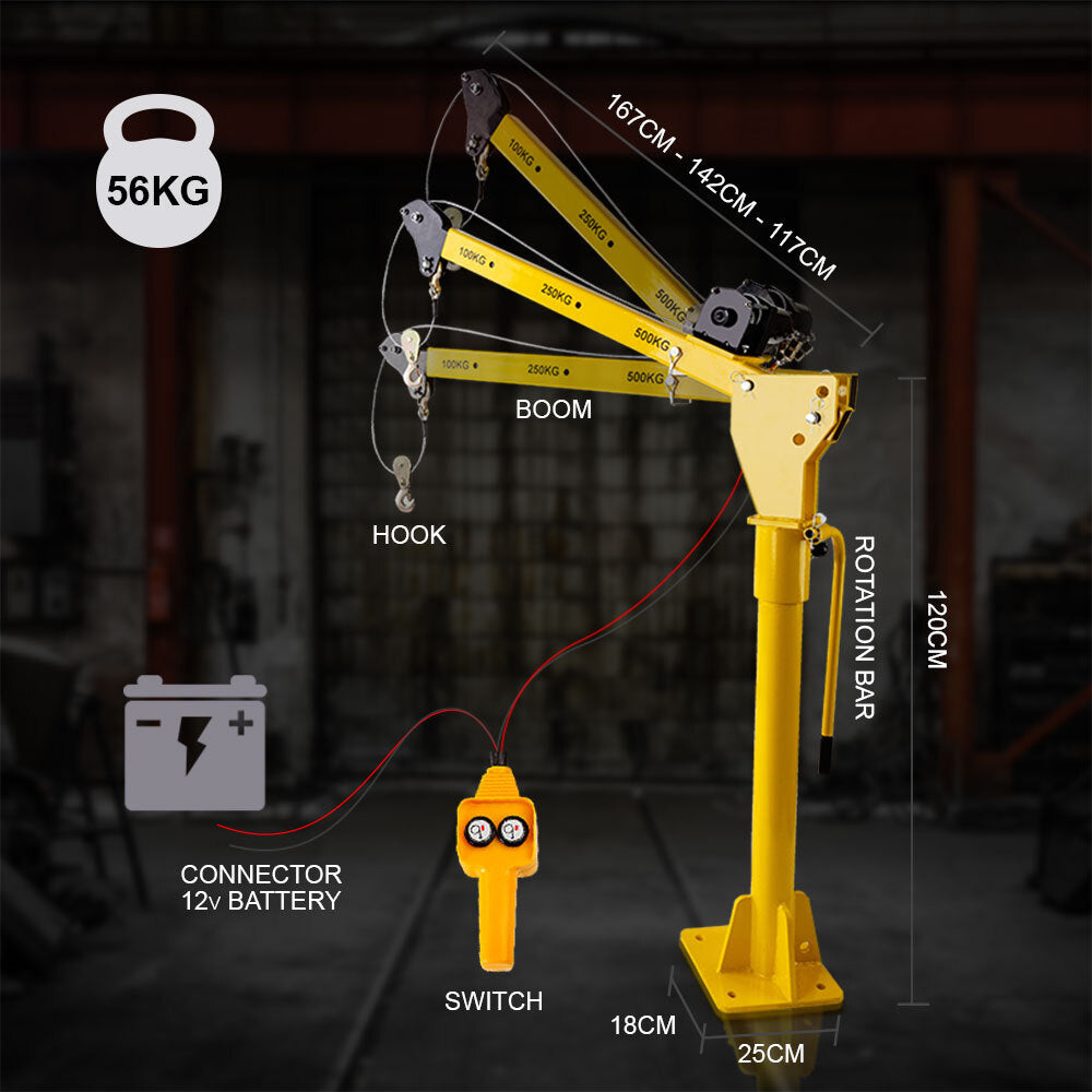 A yellow T-REX 800kg Electric Hoist Winch Crane 12V 360 Degree Engine Car Truck Lift with an attached control handle is lifting a black weight marked "800 KG." The crane, equipped with overload protection function, is designed for lifting objects with a capacity ranging from 100 KG to 500 KG, as labeled on the crane arm.