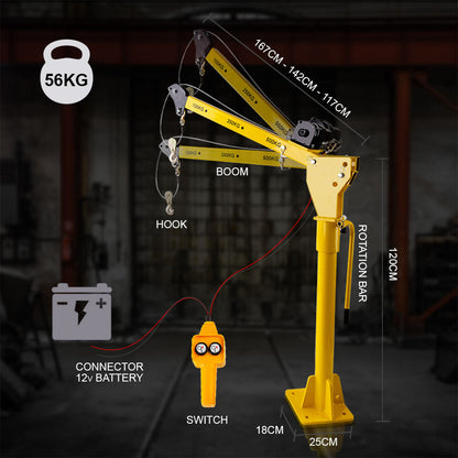 A yellow T-REX 800kg Electric Hoist Winch Crane 12V 360 Degree Engine Car Truck Lift with an attached control handle is lifting a black weight marked "800 KG." The crane, equipped with overload protection function, is designed for lifting objects with a capacity ranging from 100 KG to 500 KG, as labeled on the crane arm.