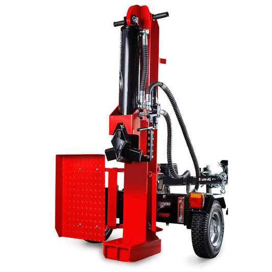 An upright red and black Baumr-AG 60 Ton Diesel Log Splitter 60T Heavy-Duty Wood Cutter Hydraulic Fire Axe 4-Stroke Engine, part of the Baumr-AG Hercules Series, is displayed against a white background. It features a diesel driven HDS800 hydraulic mechanism, control levers, and a sturdy base with wheels for mobility. The design includes a large metal splitting wedge and a safety guard plate on the left side.