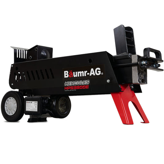 The Baumr-AG 10 Tonne Electric Hydraulic Wood Log Splitter - HPS3800E is a black and red electric log splitter featuring a robust metal frame and log cradle. Designed for mobility with two large wheels, this hydraulic log splitter effortlessly handles your wood-splitting needs.