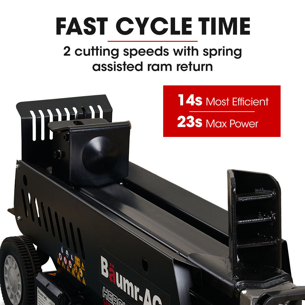 The Baumr-AG 10 Tonne Electric Hydraulic Wood Log Splitter - HPS3800E is a black and red electric log splitter featuring a robust metal frame and log cradle. Designed for mobility with two large wheels, this hydraulic log splitter effortlessly handles your wood-splitting needs.