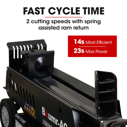 The Baumr-AG 10 Tonne Electric Hydraulic Wood Log Splitter - HPS3800E is a black and red electric log splitter featuring a robust metal frame and log cradle. Designed for mobility with two large wheels, this hydraulic log splitter effortlessly handles your wood-splitting needs.