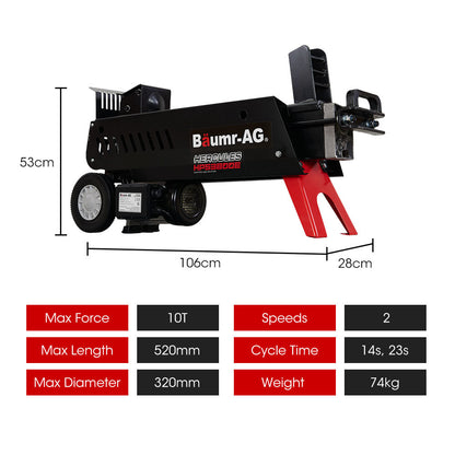 The Baumr-AG 10 Tonne Electric Hydraulic Wood Log Splitter - HPS3800E is a black and red electric log splitter featuring a robust metal frame and log cradle. Designed for mobility with two large wheels, this hydraulic log splitter effortlessly handles your wood-splitting needs.