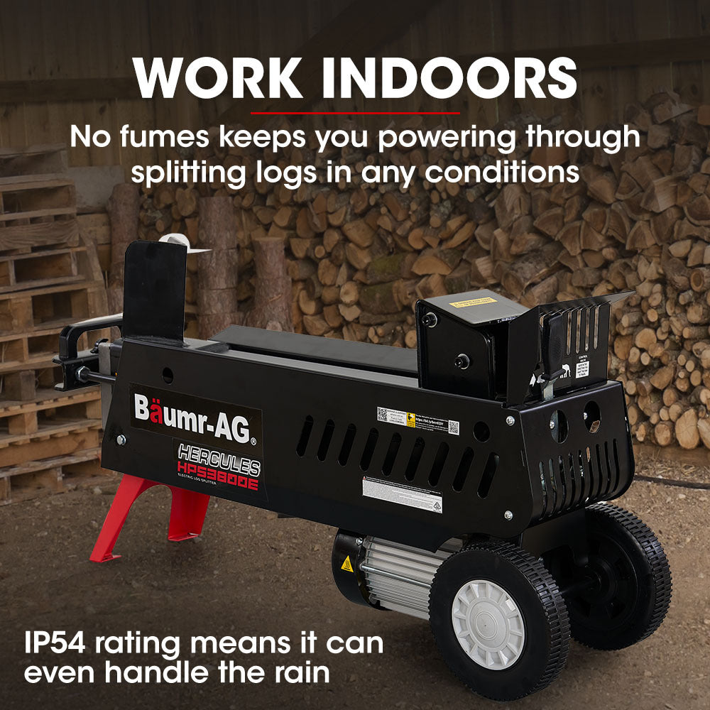 The Baumr-AG 10 Tonne Electric Hydraulic Wood Log Splitter - HPS3800E is a black and red electric log splitter featuring a robust metal frame and log cradle. Designed for mobility with two large wheels, this hydraulic log splitter effortlessly handles your wood-splitting needs.