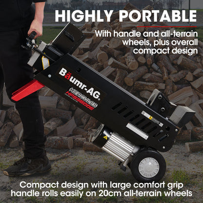 The Baumr-AG 10 Tonne Electric Hydraulic Wood Log Splitter - HPS3800E is a black and red electric log splitter featuring a robust metal frame and log cradle. Designed for mobility with two large wheels, this hydraulic log splitter effortlessly handles your wood-splitting needs.